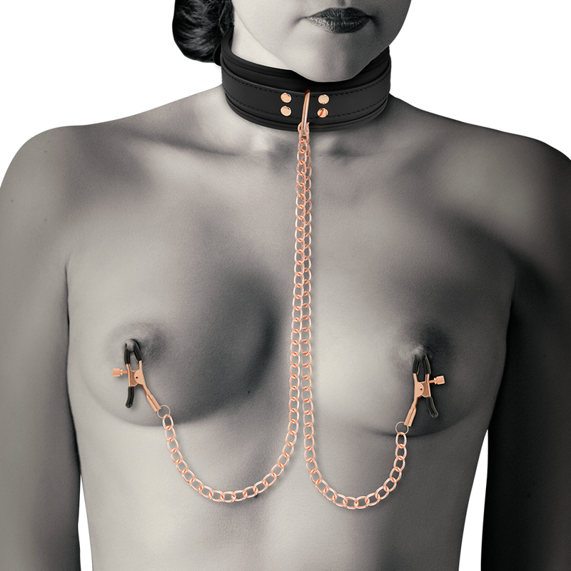 Collier Cuir Vegan avec Pinces Tétons Chaîne - Coquette Fantasy