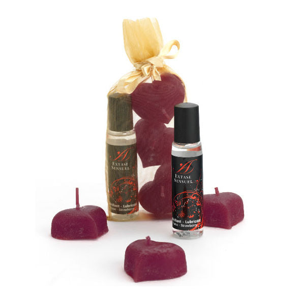 Pack Sensuel Extase : Bougies Pétales & Gel Fraise - Extase
