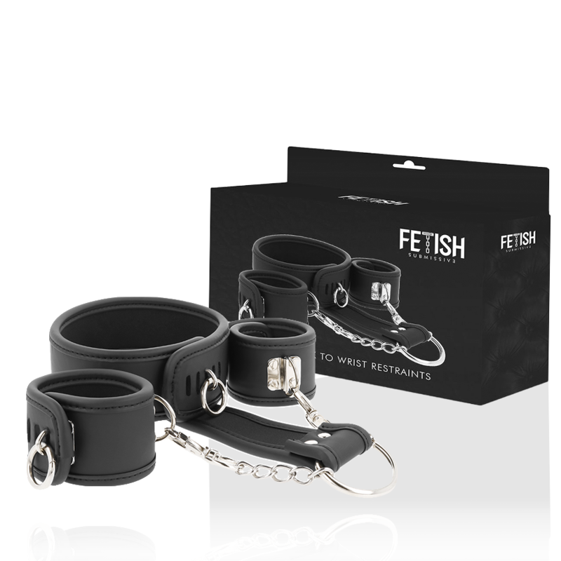 Fetish Submissive – Menottes BDSM en cuir noir avec Collier de Cou