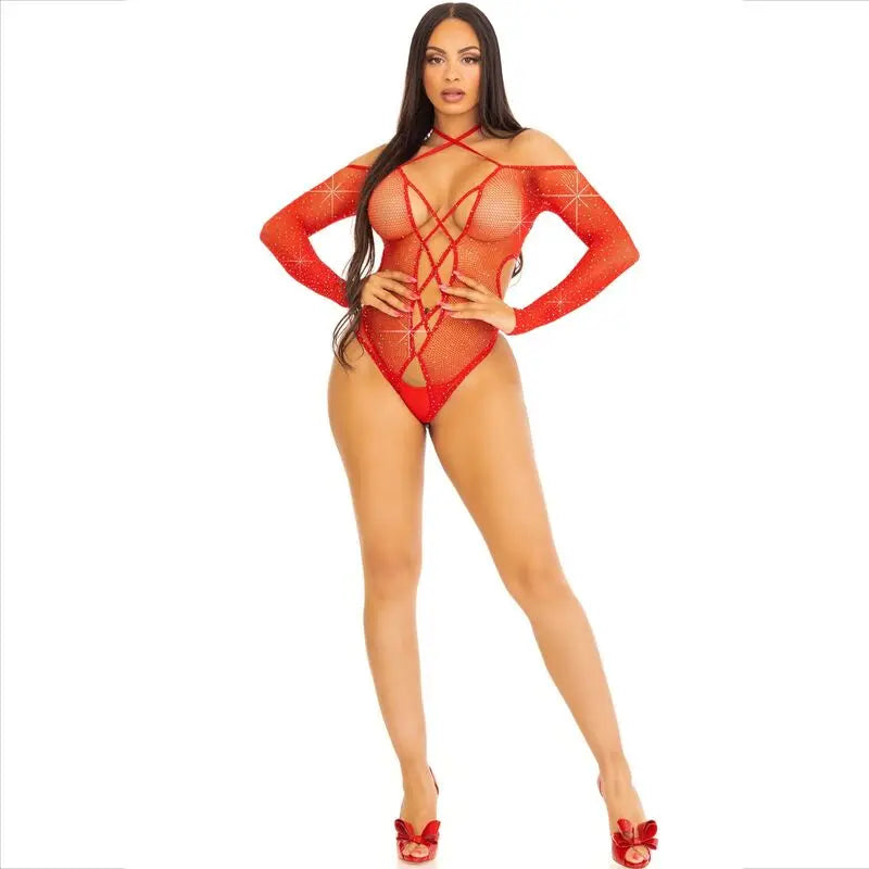 Body Résille Ouvert Strass Rouge Brillant - Leg Avenue