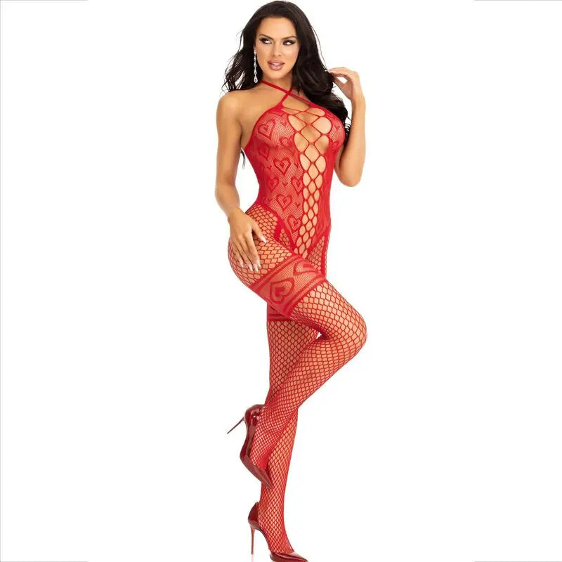 Bodystocking Cou Licol Coeurs Rouges Rouge - Leg Avenue