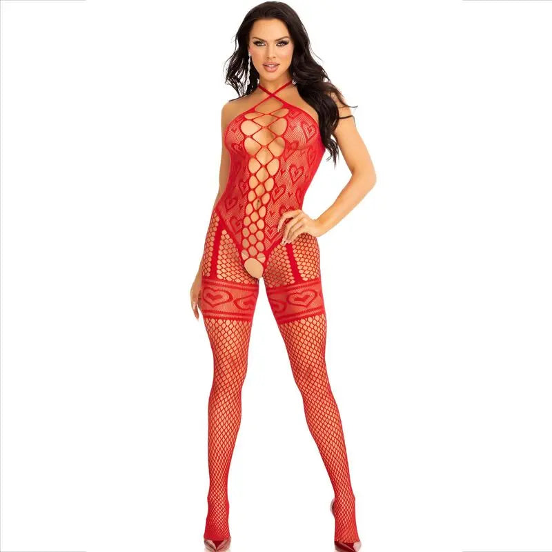 Bodystocking Cou Licol Coeurs Rouges Rouge - Leg Avenue
