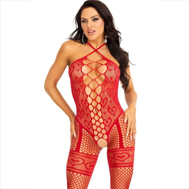 Bodystocking Cou Licol Coeurs Rouges Rouge - Leg Avenue