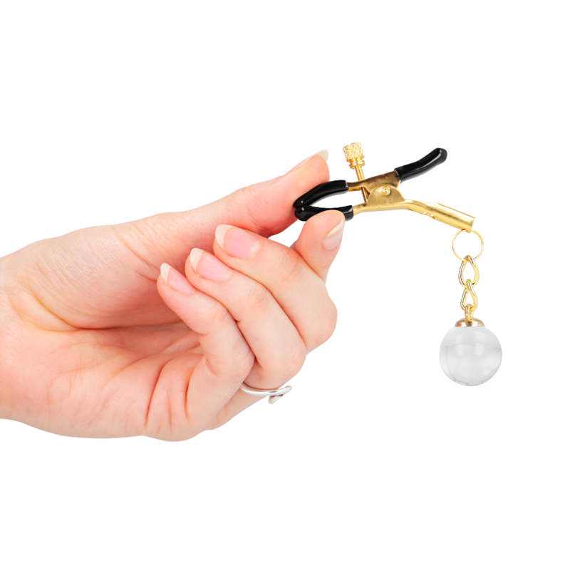 KINK – Pinces à tétons réglables dorées avec billes de verre transparentes