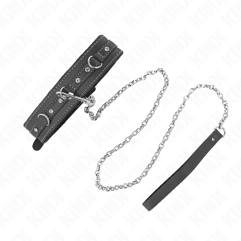 Collier BDSM Cuir PVC avec Laisse 105cm Rivets Strass - KINK - KINK COLLAR & GAG