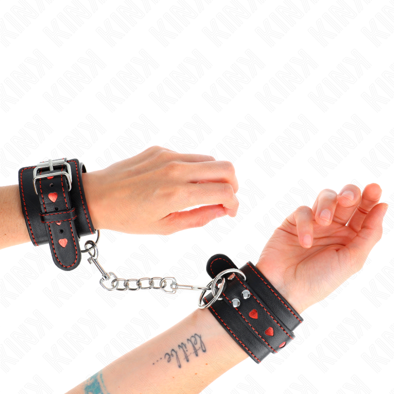 Bracelets BDSM Cuir Noir Cœur Rouge Réglables - KINK - KINK WRIST RESTRAINT