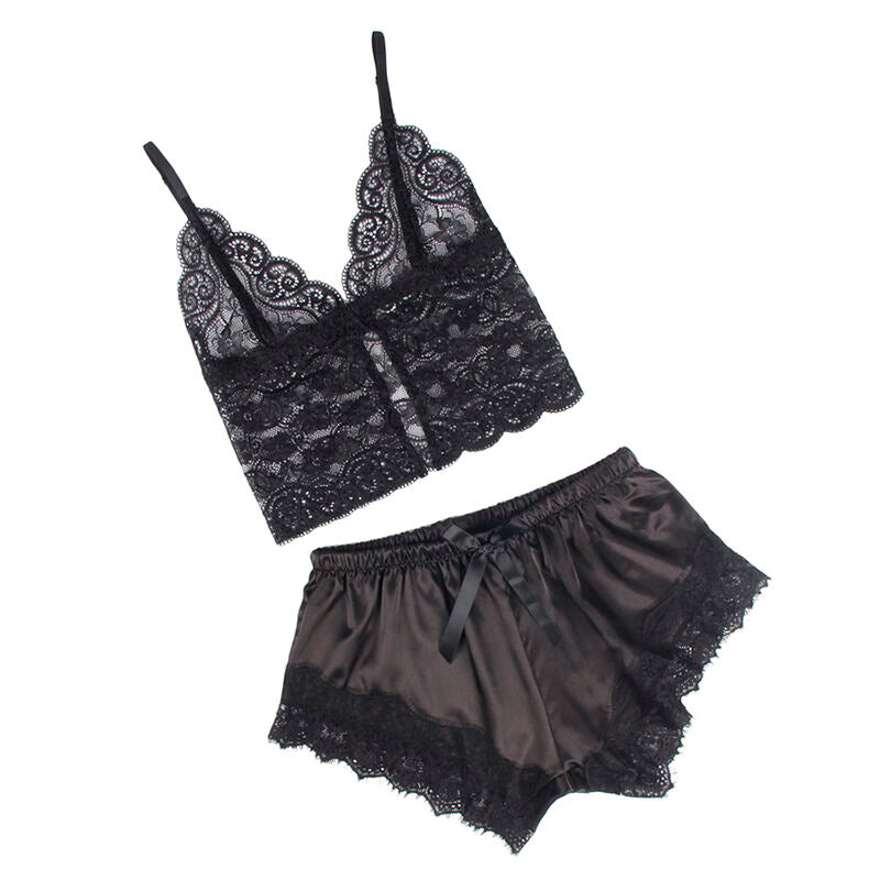 Chemise de nuit en soie et pantalon dentelle noir S/M - Subblime - SUBBLIME SETS