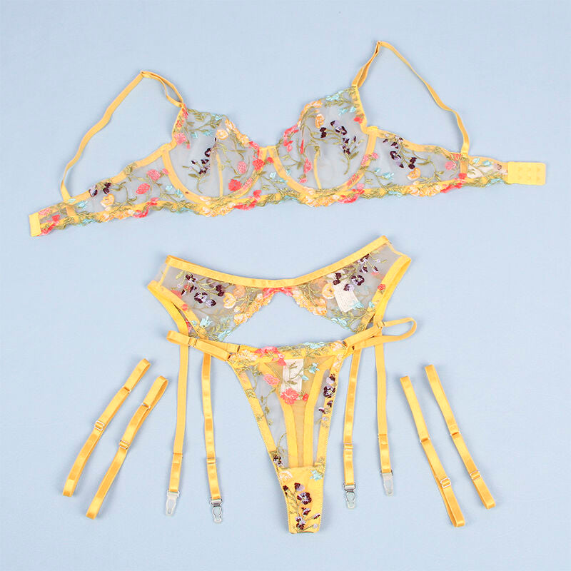 Ensemble lingerie floral jaune soutien-gorge string porte-jarretelles L/XL - Subblime - SUBBLIME SETS