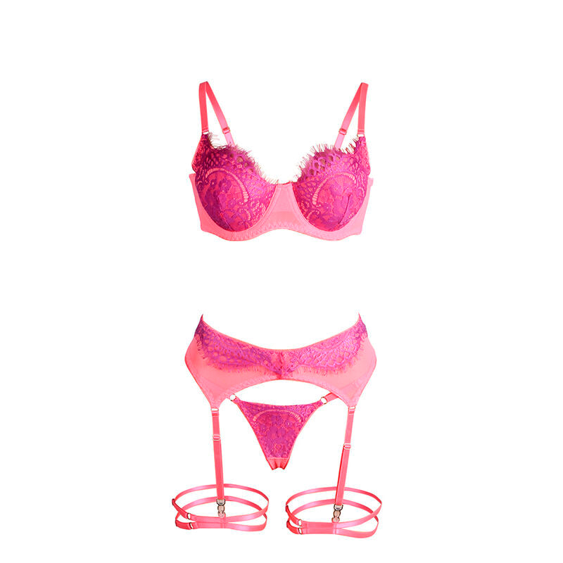 Ensemble lingerie dentelle et jarretelles rose/violet S/M - Subblime - SUBBLIME SETS