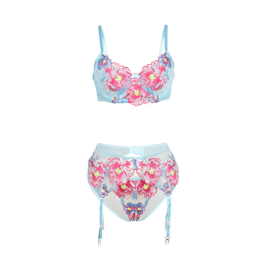 Ensemble Soutien-Gorge Porte-Jarretelles Brodé Fleurs Rose S/M - Subblime - SUBBLIME SETS
