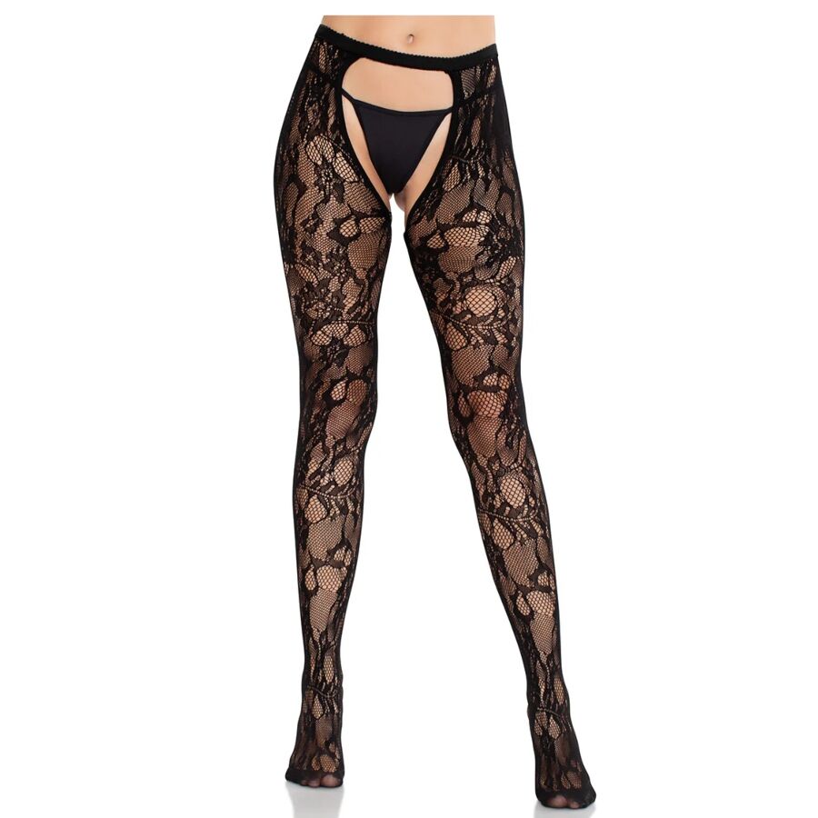 Bas Ouverts Dentelle Rose Florale Dos Ouvert - Leg Avenue