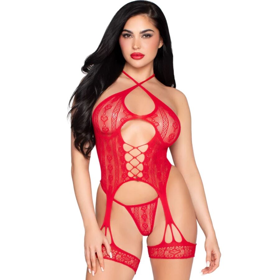 Body Ouvert Dentelle Porte-Jarretelles String Rouge - Leg Avenue