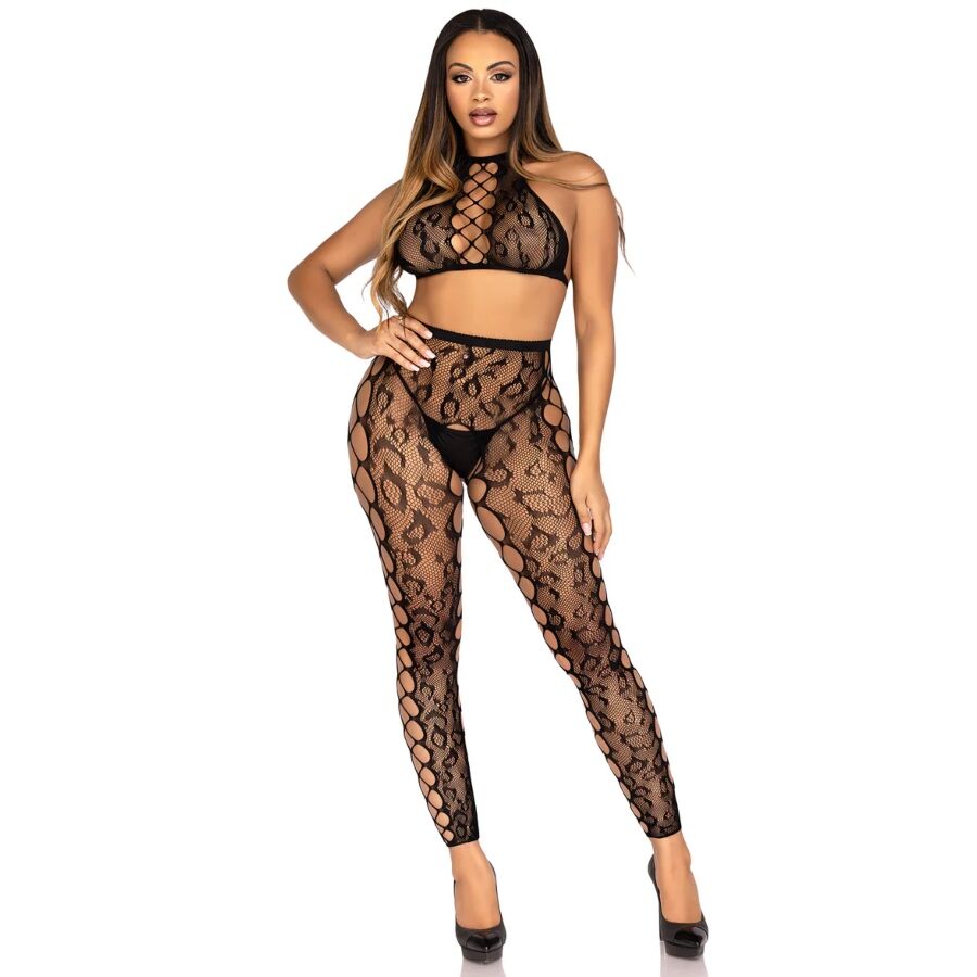 Ensemble Sexy Crop Top et Collants Ouverts Noirs - Leg Avenue