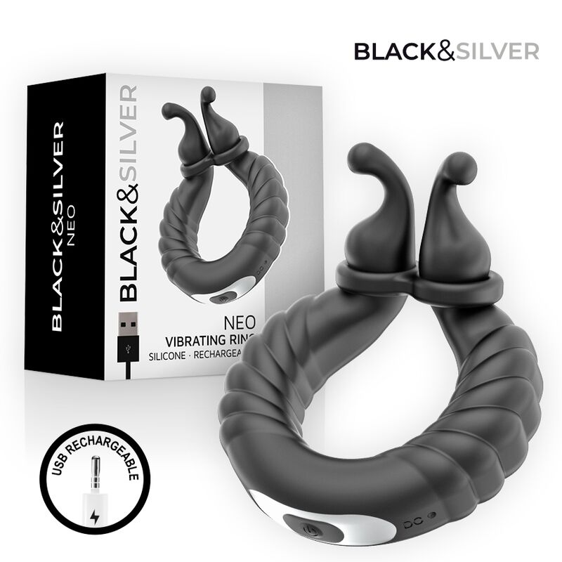 BLACK & SILVER - ANNEAU VIBRANT RECHARGEABLE POUR COUPLES NEO NOIR