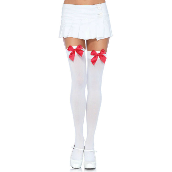 Bas Autofixants Nylon Cuisses Hautes Noeud Blanc/Rouge - Leg Avenue