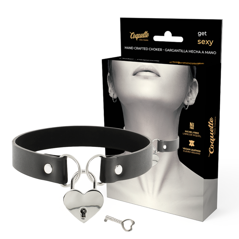 Collier Fétiche Cuir Végan Cœur et Clé Noir - Coquette