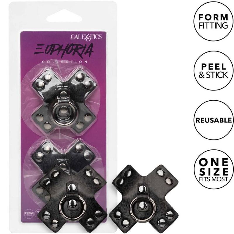 Cache-Tétons Cuir Noir avec Anneau Euphoria - CalExotics