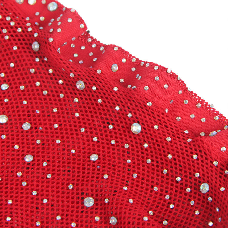 Bodystocking Résille Subblime Diamants Rouge avec Gants - Subblime - SUBBLIME BODYSTOCKINGS