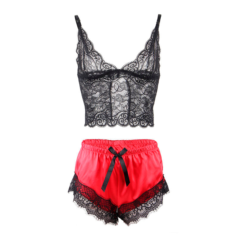 Chemise de nuit en soie et pantalon en dentelle noir/rouge S/M - Subblime - SUBBLIME SETS