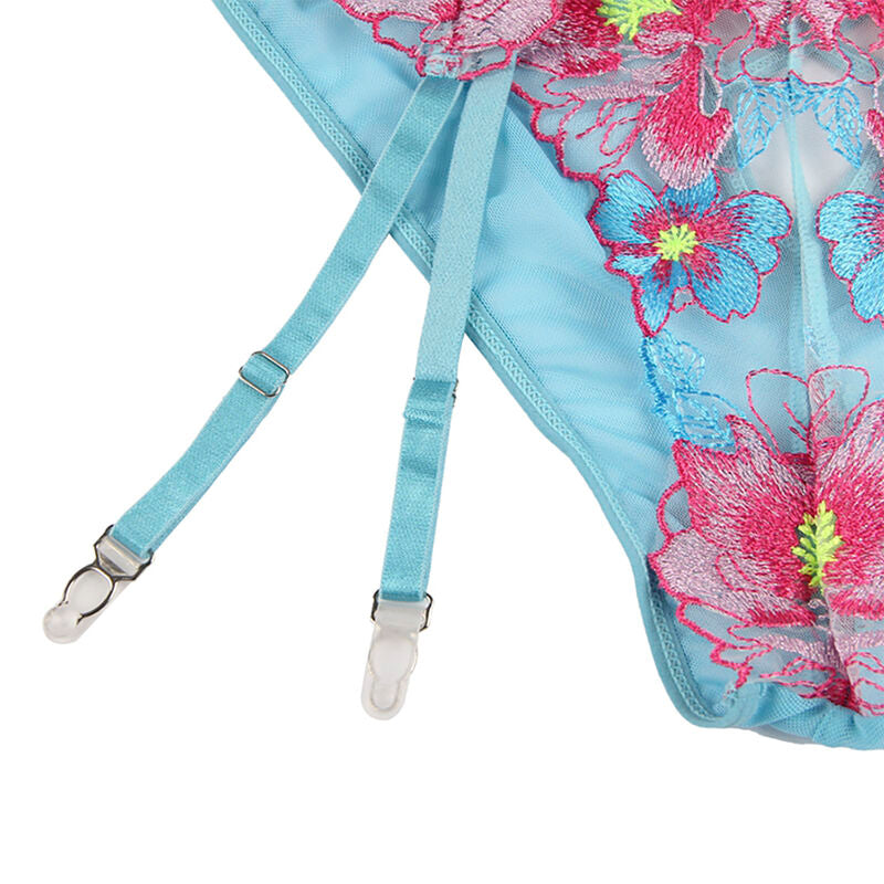 Ensemble lingerie floral bleu soutien-gorge, culotte et porte-jarretelles L/XL - Subblime - SUBBLIME SETS