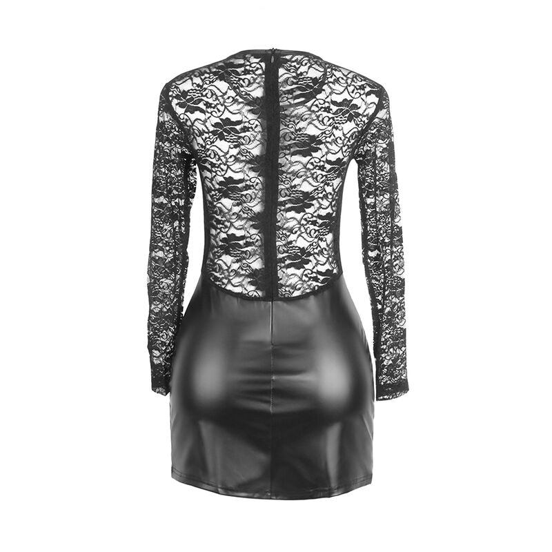 Robe à manches longues dentelle et similicuir noir L/XL - Subblime - SUBBLIME DRESSES