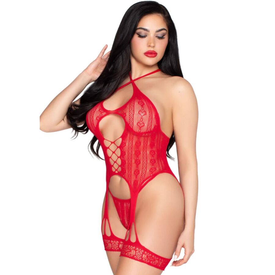 Body Ouvert Dentelle Porte-Jarretelles String Rouge - Leg Avenue