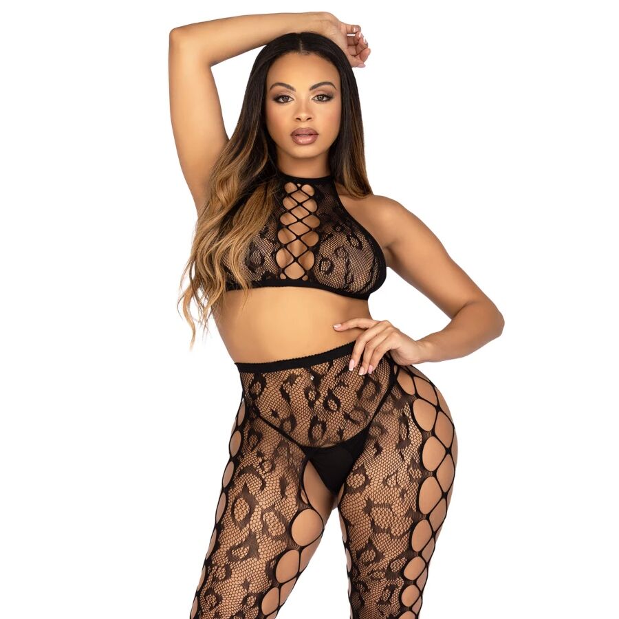 Ensemble Sexy Crop Top et Collants Ouverts Noirs - Leg Avenue