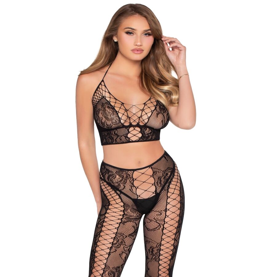 Ensemble Lingerie Crop Top et Collants Résille Noir - Leg Avenue
