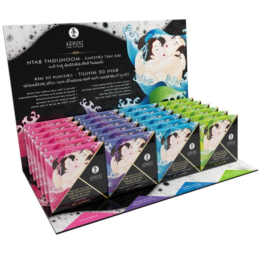 Shunga - Présentoir Sels de bain parfumés Bain de Minuit (24 sachets 4 parfums)
