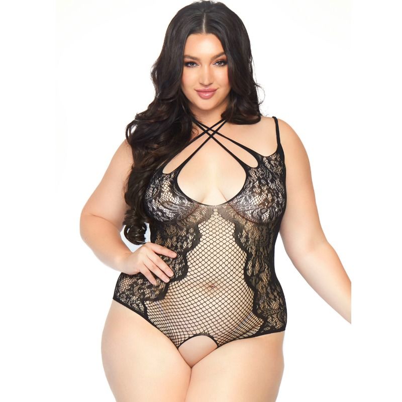 Teddy Ouvert Sans Entrejambe Filet Dentelle Noir 1X-2X - Leg Avenue