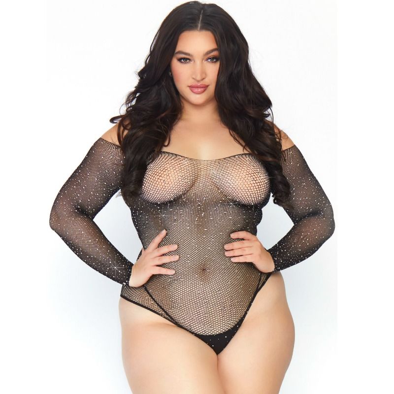 Bodystocking Résille Cristallisée Manches Longues Noir 1X-2X - Leg Avenue
