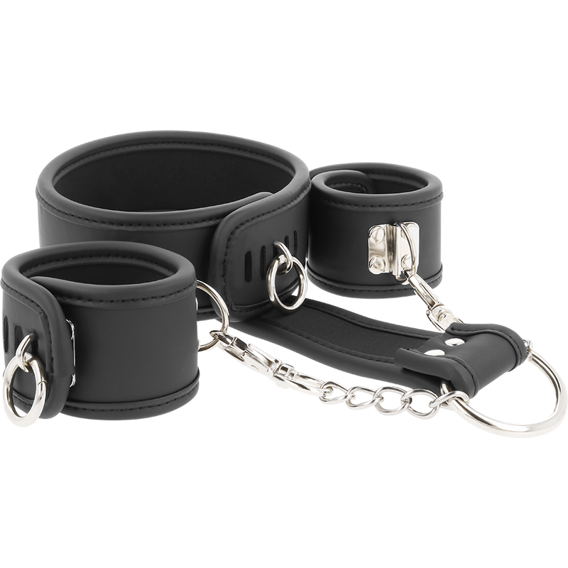 Fetish Submissive – Menottes BDSM en cuir noir avec Collier de Cou