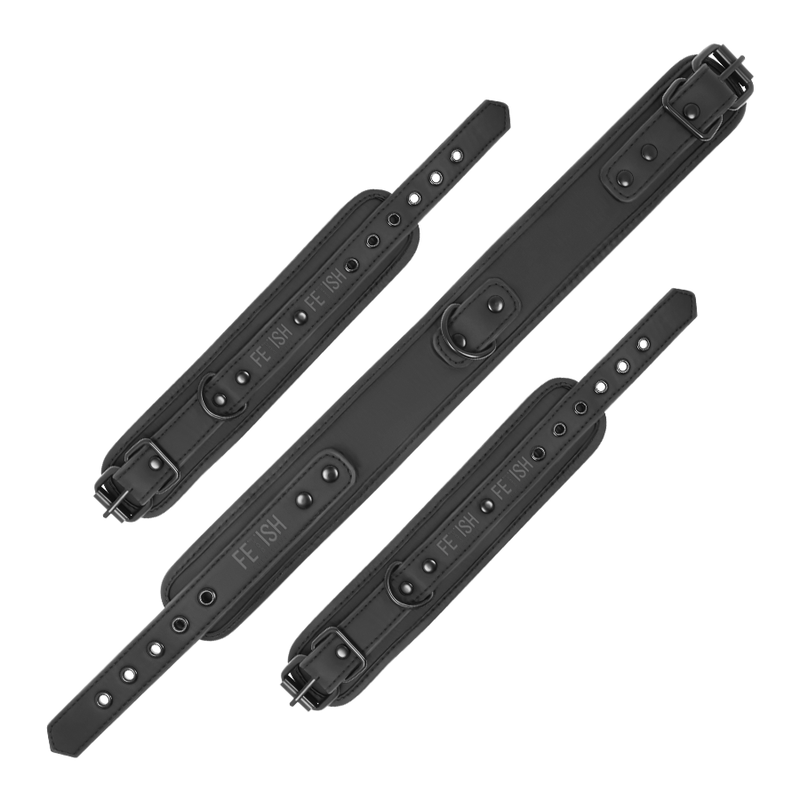 Fetish Submissive – Menottes en Cuir noir avec Collier de Cou BDSM